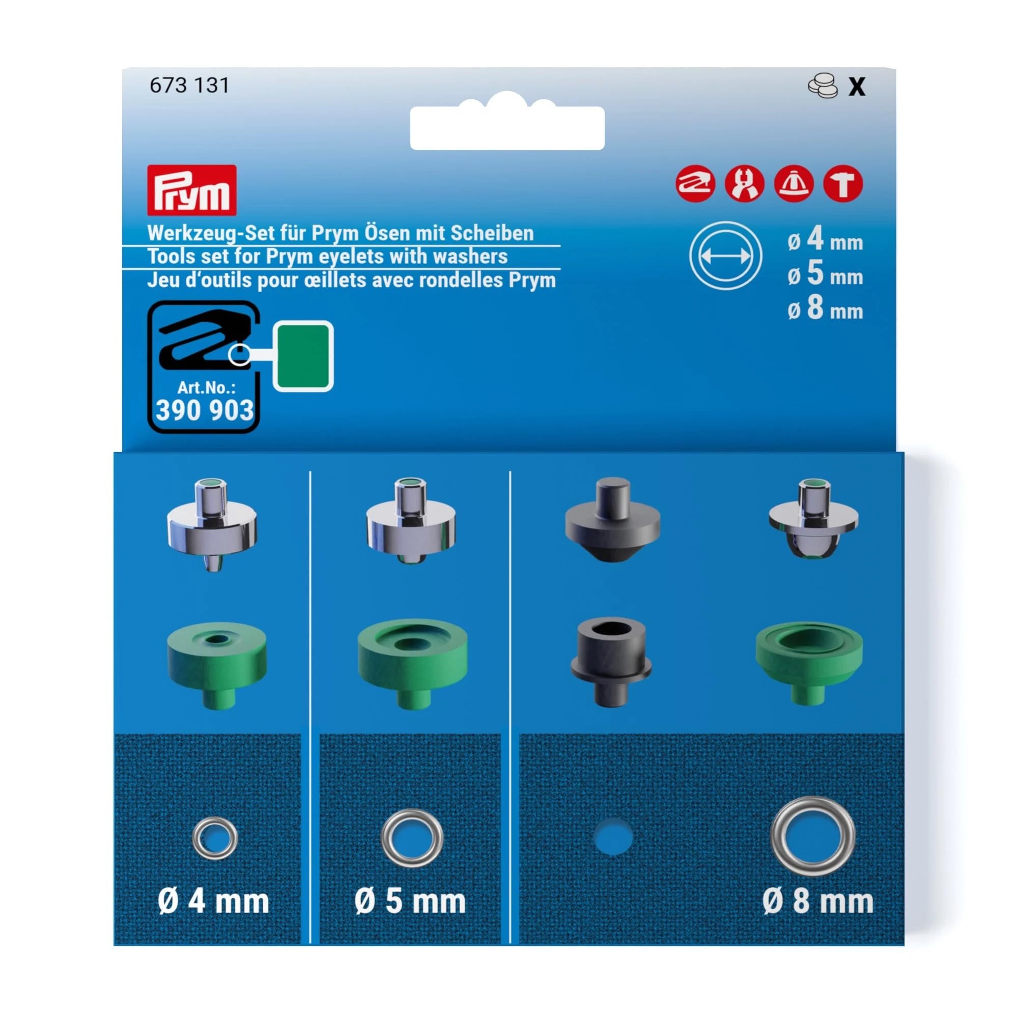 Prym 673131 Tool Set for Eyelets with Washers 4 mm / 5 mm / 8 mm - Eyelet Tool Compatible Vario Creative Tool | Ideal for Textiles, Leather, Crafts