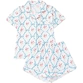 Verdusa Women's 2 Piece Floral Bow Pajama Set Short Sleeve Button Down Shirt and Shorts Set