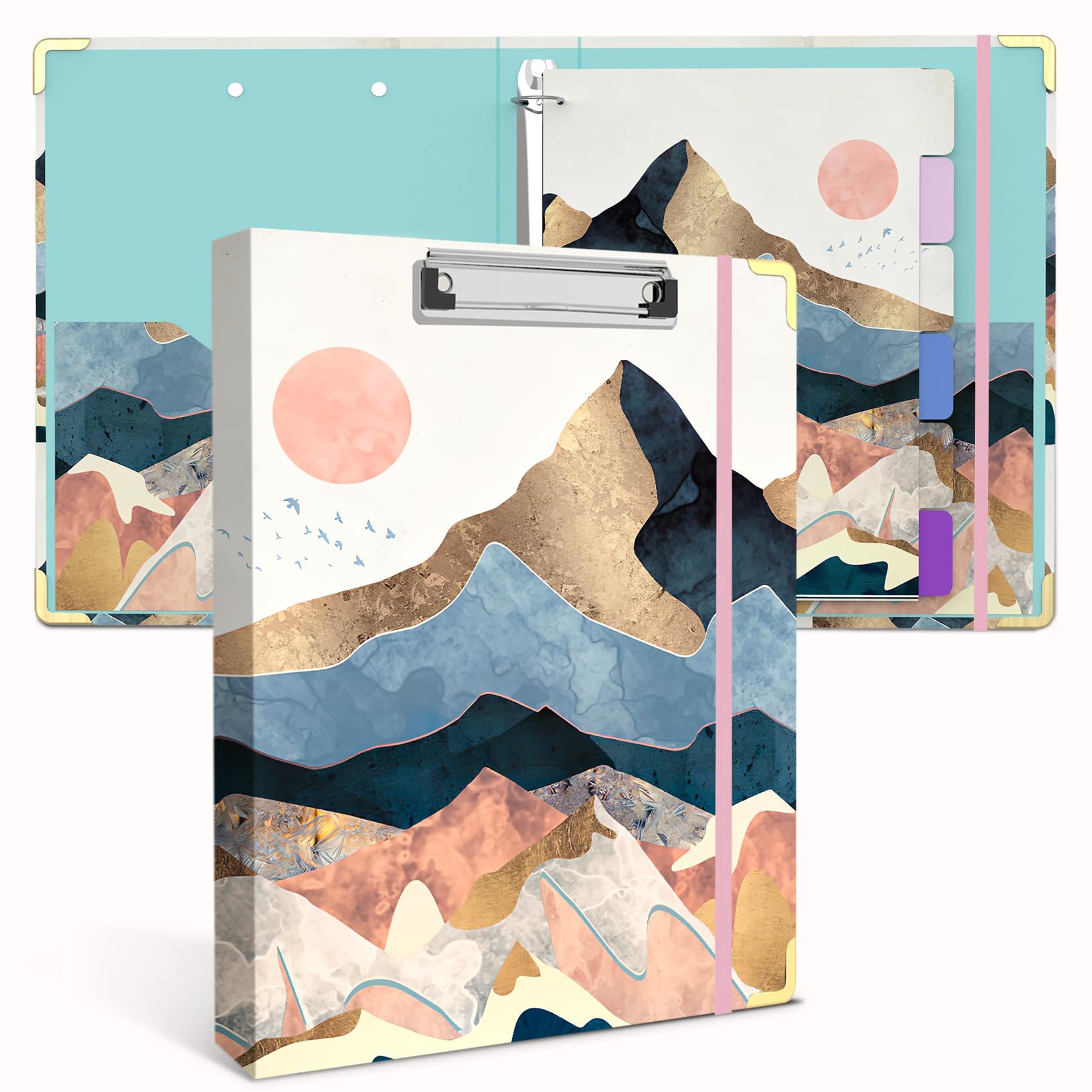 Photo 1 of 3 Ring Binder 1 Inch Ring, 2 Interior Pockets, 5 Tab Dividers, Low Profile Clipboard with Storage, Fashion Cute Binder and Labels Stickers for School Office (Abstract Scenery)