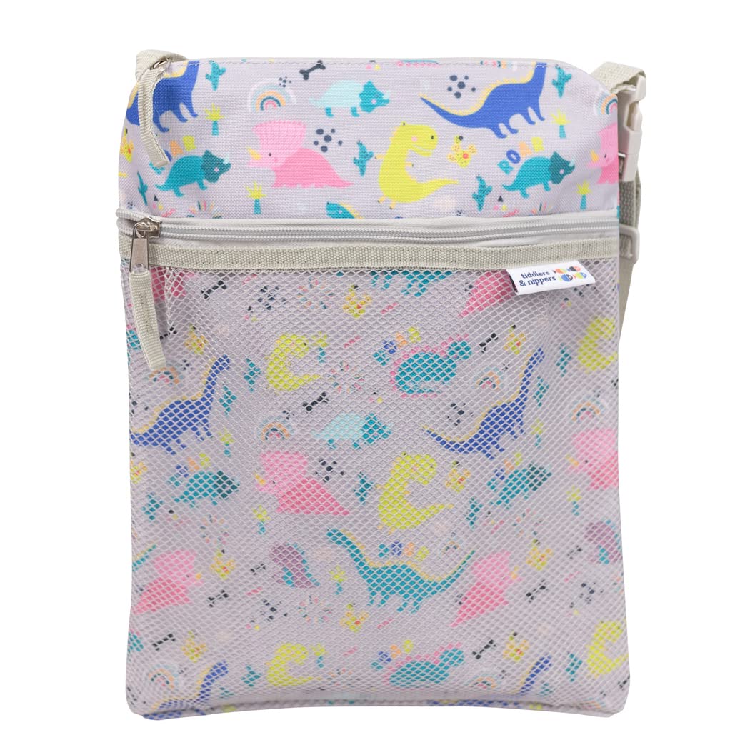 tiddlers & nippers Kids Swimming Bag | Wet & Dry Bag | External Pocket for Dry Items | Swim Bag with Leak Proof, Waterproof, Zipped Section | Ideal Toilet/Nappy Training Bag (Dinky Dinos)