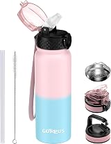 GOPPUS 600ml Stainless Steel Water Bottle with Straw Leakproof Pink Blue