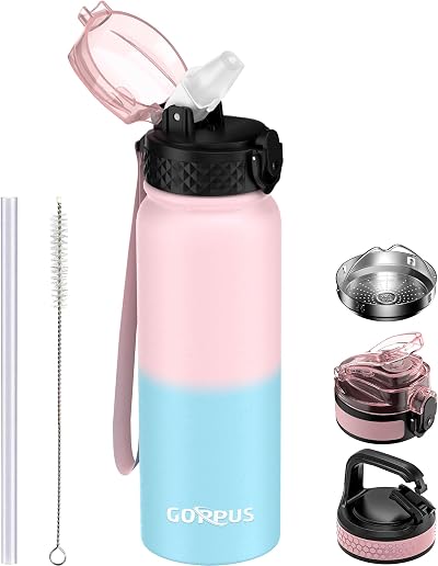 GOPPUS 600ml Stainless Steel Water Bottle with Straw Leakproof Pink Blue