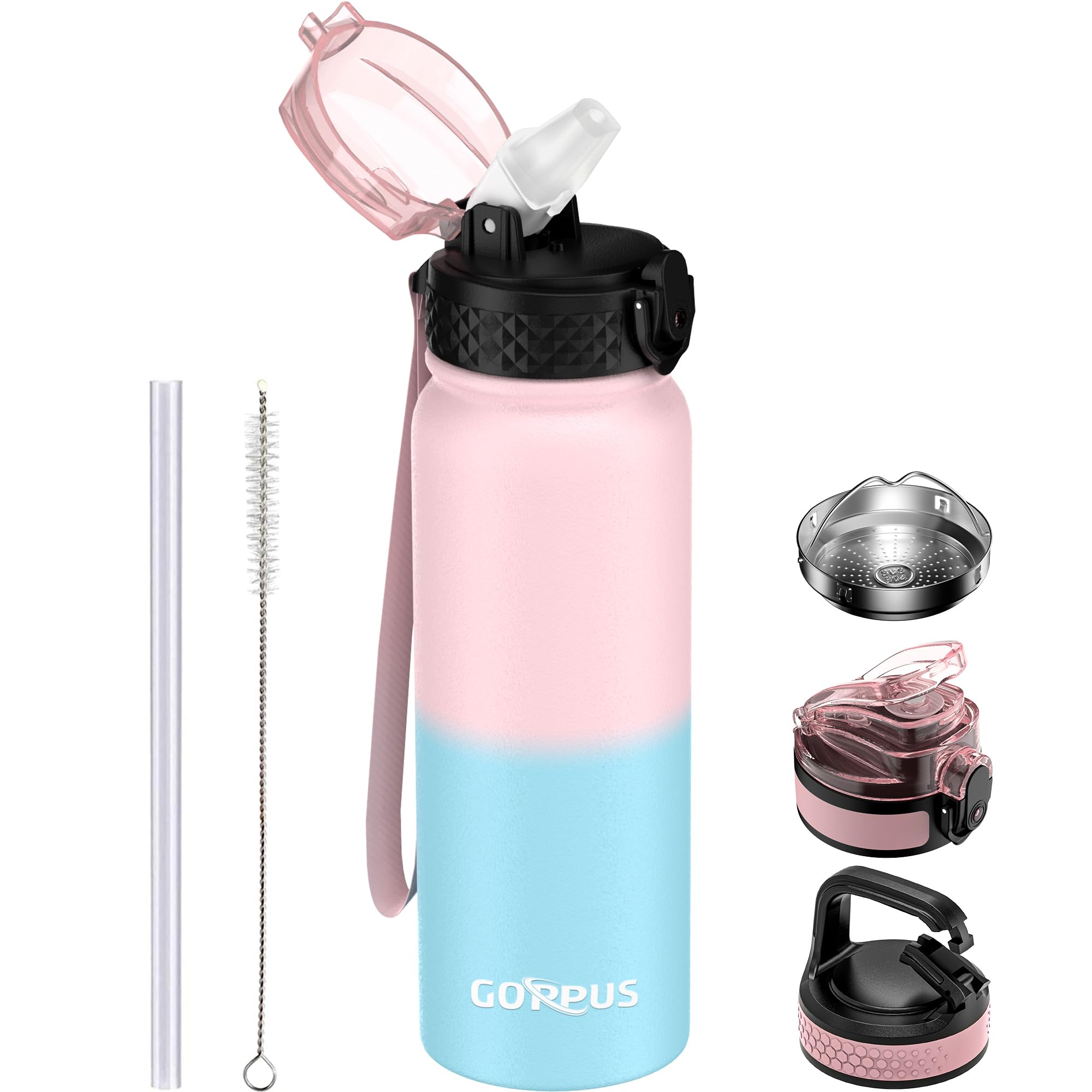 GOPPUS 600ml/20oz Stainless Water Bottle with Straw Double Wall Insulated Bottles with Strap One Hand Open Vacuum Thermal Flask Leakproof Keep Cold Bottles with Flip Top Lid BPA Free (Pink Blue) — image 1