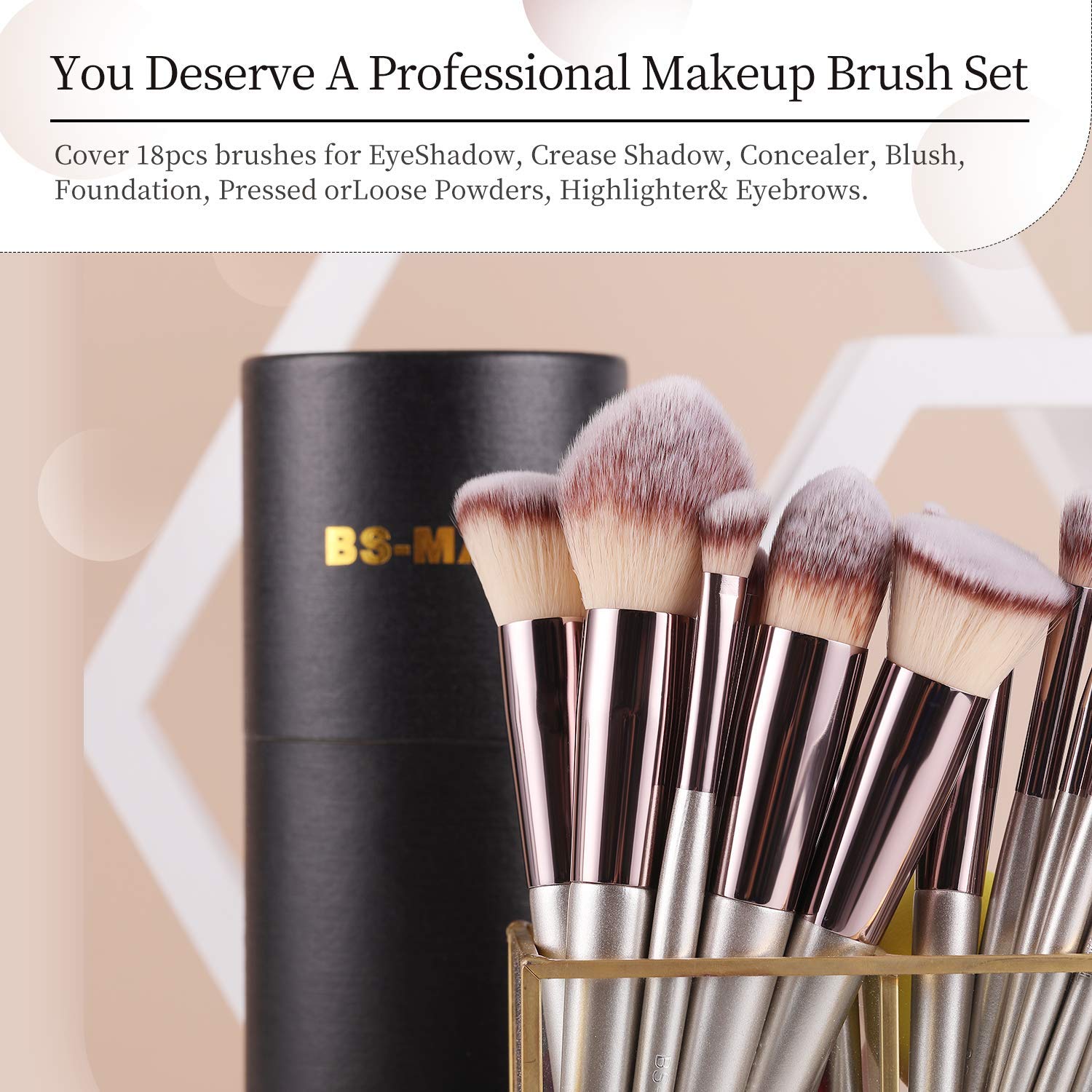 BS-MALL Makeup Brush Set 18 Pcs Premium Synthetic Foundation Powder Concealers Eye shadows Blush Makeup Brushes Champagne Gold Cosmetic Brushes with Black Case: Beauty