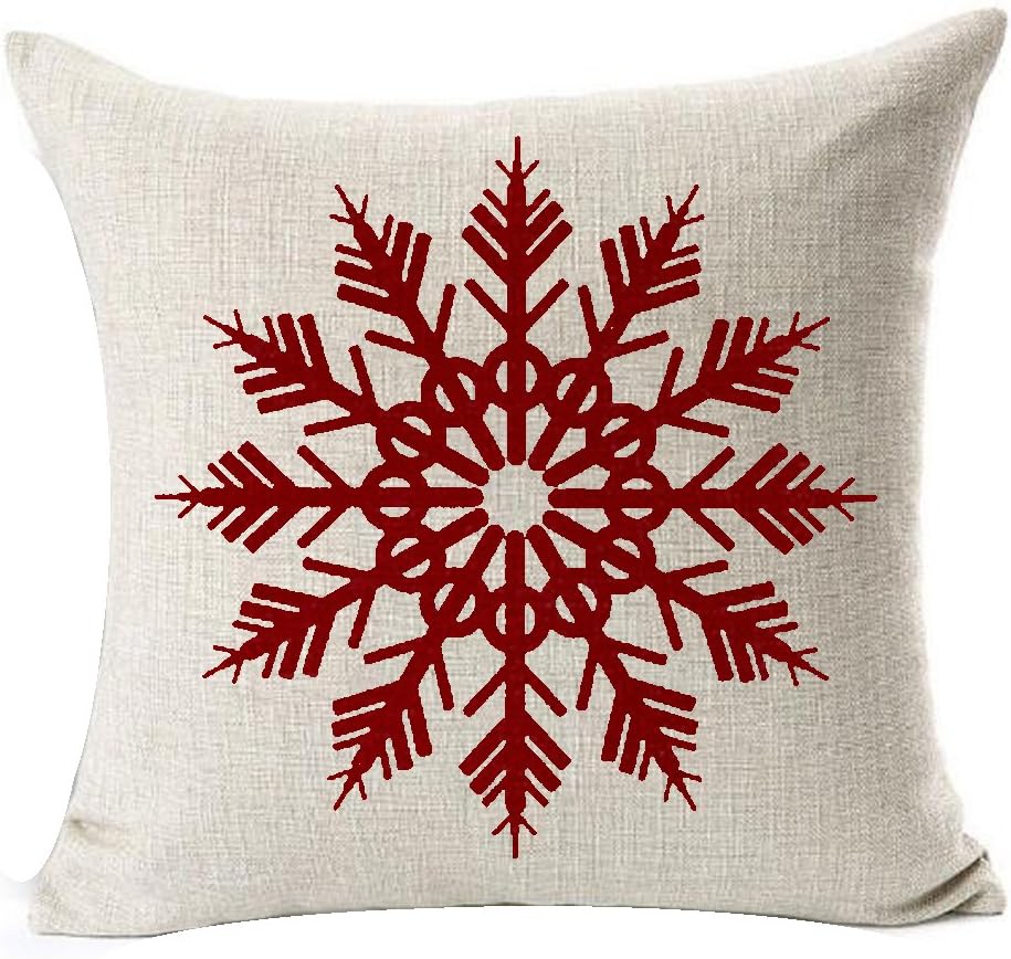 Cotton Linen Happy Holidays Scandinavian Fantastic Red Snowflake Pattern Merry Pillow Case Cushion Cover Decorative Bedroom Living Room Square 18 Inches