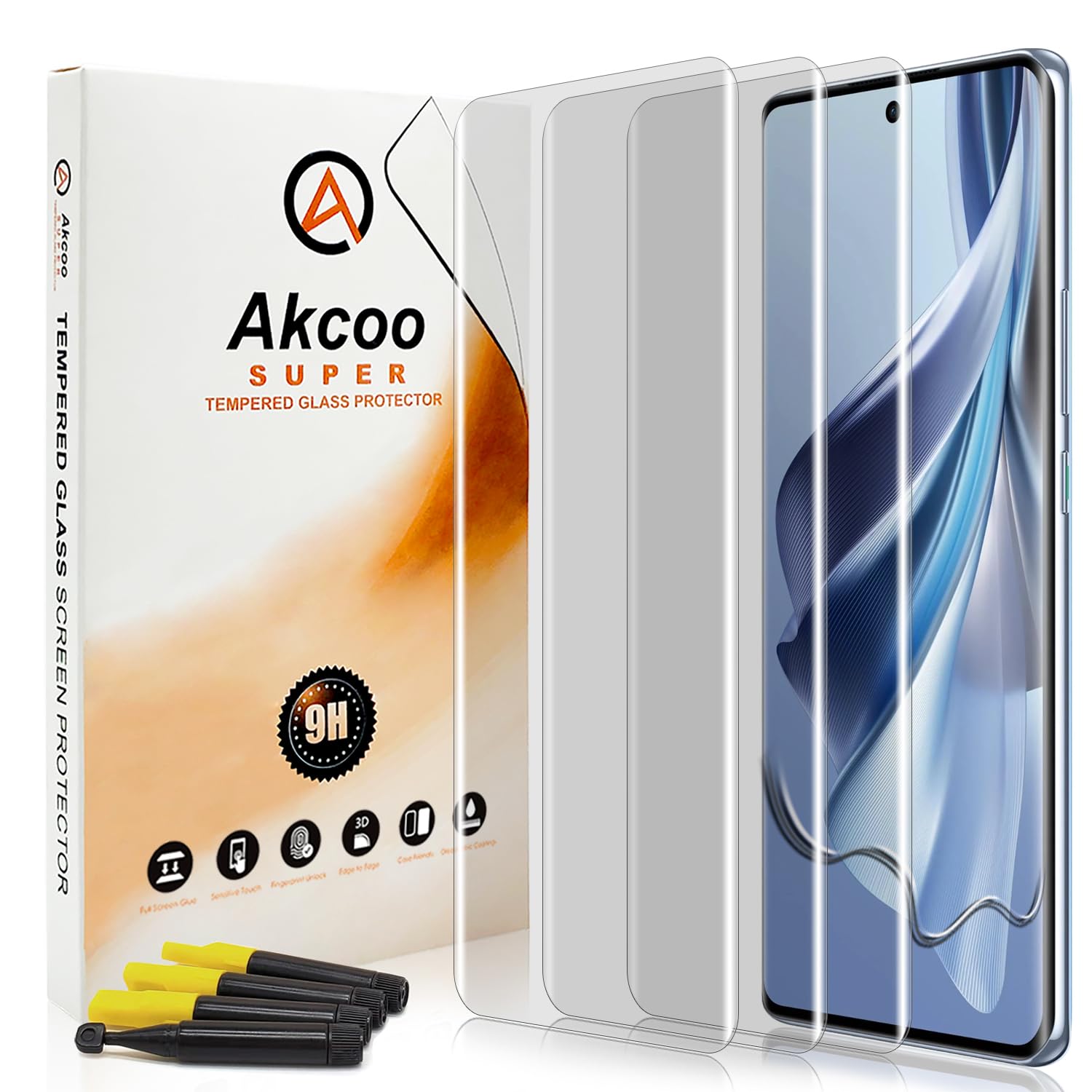 Akcoo Screen Protector for OPPO Reno10 5G, Tempered Glass UV Set [3 Pack],Edge to Edge Coverage,9H Scratch Repair,Sensitive Touch