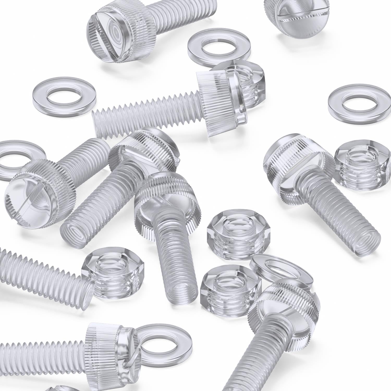 60x Transparent Clear Plastic Acrylic Thumbscrews, Slotted+knurled M6 x 20mm, Nuts, Washers & Bolts