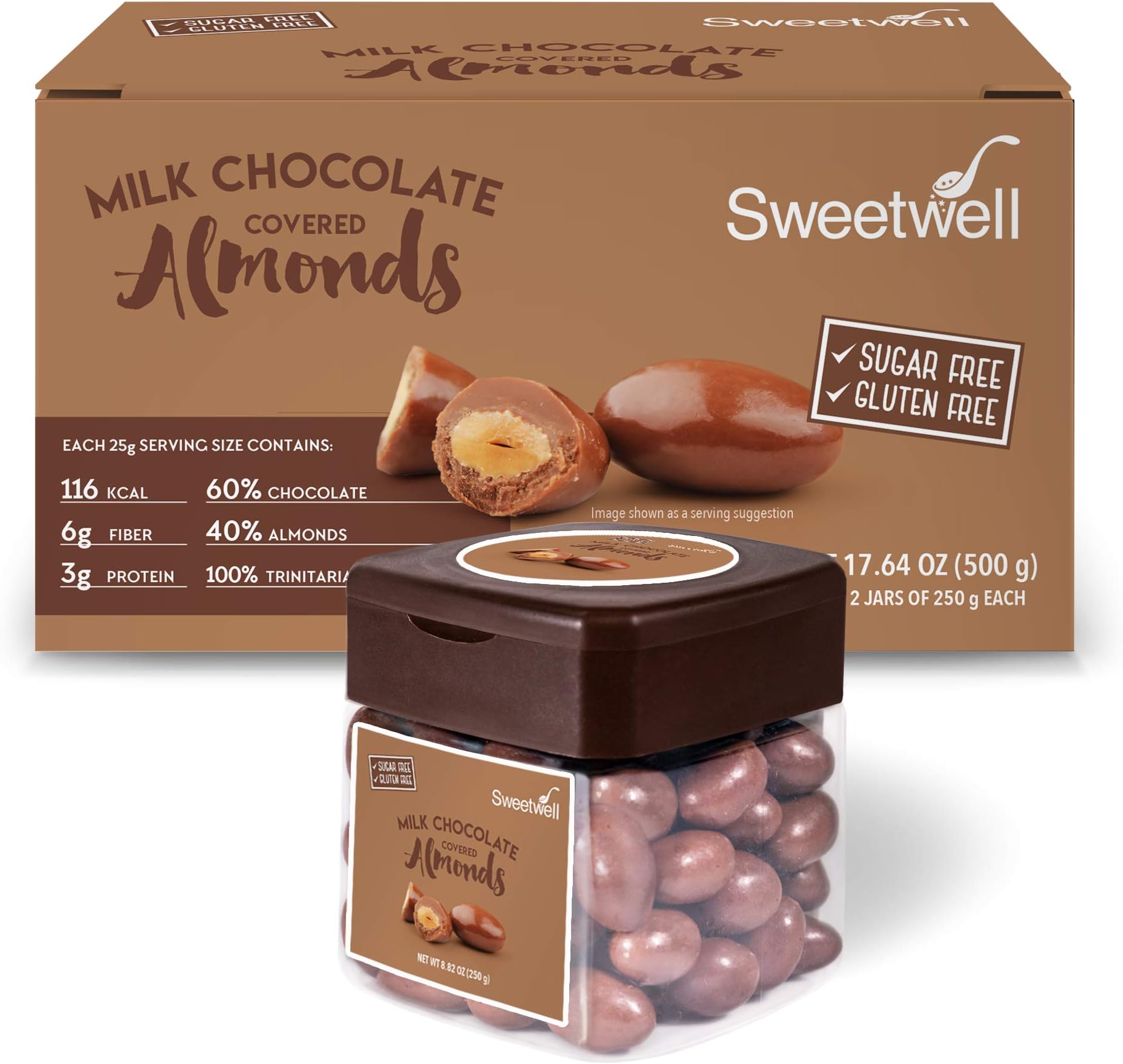 Sweetwell - Superior Taste Healthy Snacks - Sugar Free - Dairy Free - Gluten Free - 100% Keto - 100% Paleo - Gourmet Chocolate Covered Almonds - 8.8 oz - Pack of 2 (Milk Chocolate)