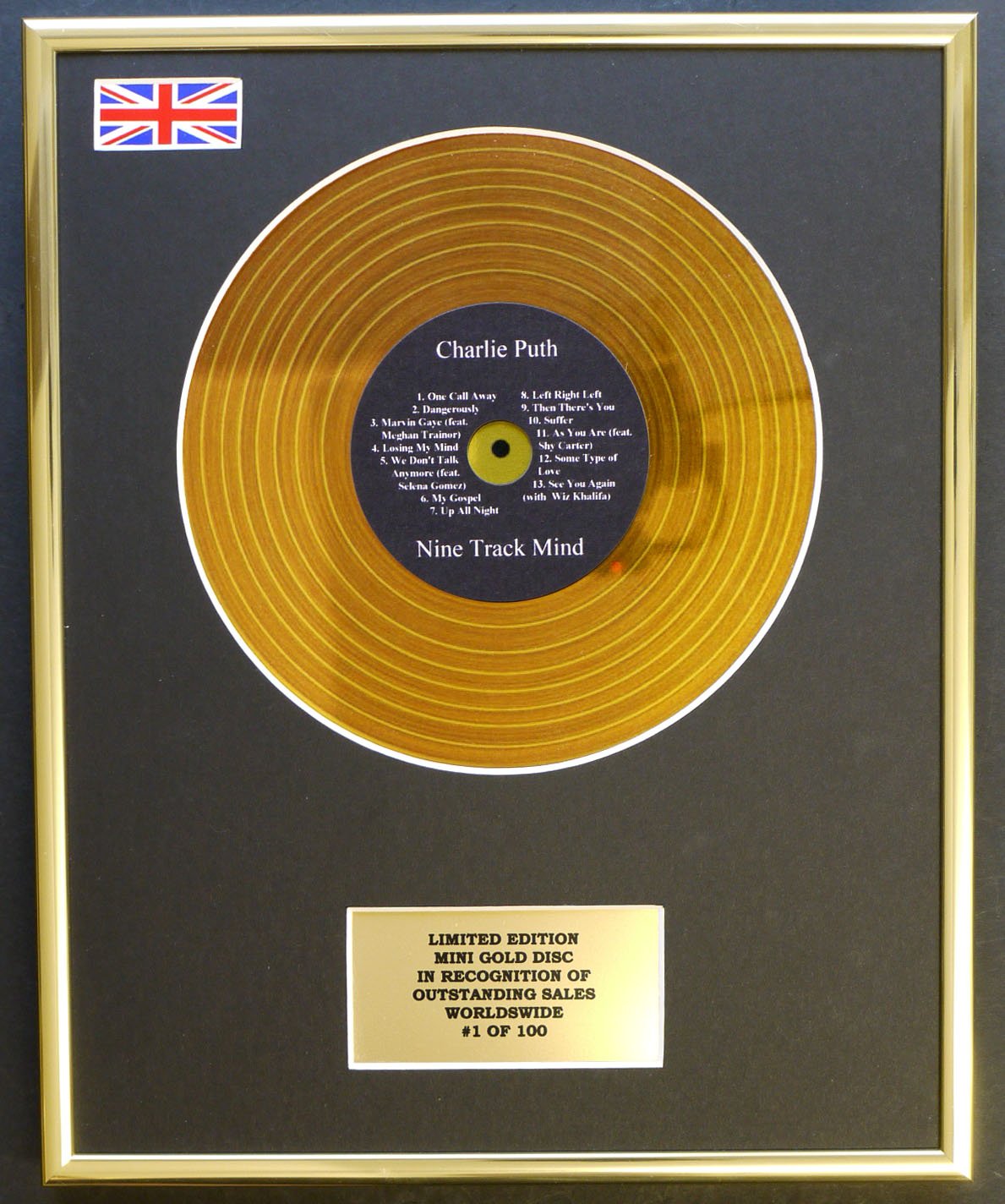 CHARLIE PUTH/MINI GOLD DISC DISPLAY/LIMITED EDITION/COA/NINE TRACK MIND