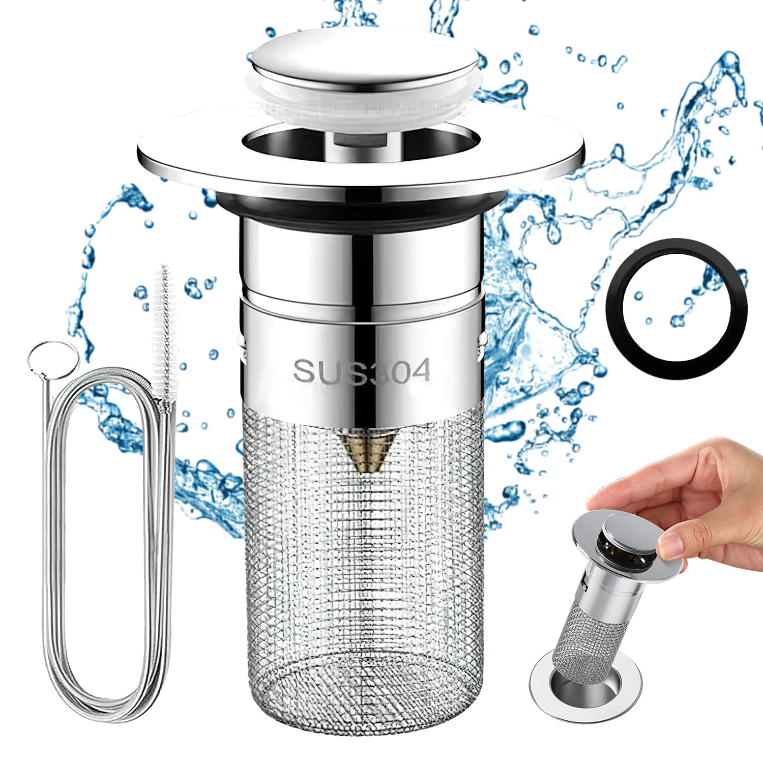 Plugs for Wash Basins, Brass Pop Up Drain Stopper with Strainer and Hose Cleaning Brush, Bathroom Sink Plugs, Push-Type Sink Plug for Bathroom and Kitchen