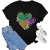 MAIHUN Happy Mardi Gras Shirt Womens Mardi Gras Day Heart Tshirt Tuesday Carnival Tee New Orleans Party Short Sleeve