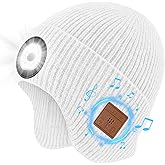 Bluetooth Beanie with Light, Built-in Wireless Headphones & Stereo Speakers - USB Rechargeable Bluetooth Hat | Unique Tech Gifts Birthday Gifts for Men and Women (White, Adult)