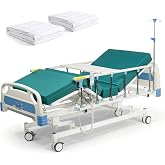 Real Relax Premium 3 Function Full Electric Hospital Bed with Mattress | Hospital Bed with 5&rdquo; Locking Casters, 4.7&rdquo; Foam Mattress, IV Pole, Height Adjustable, 530LBS Loading, Includes Sheets (2X)