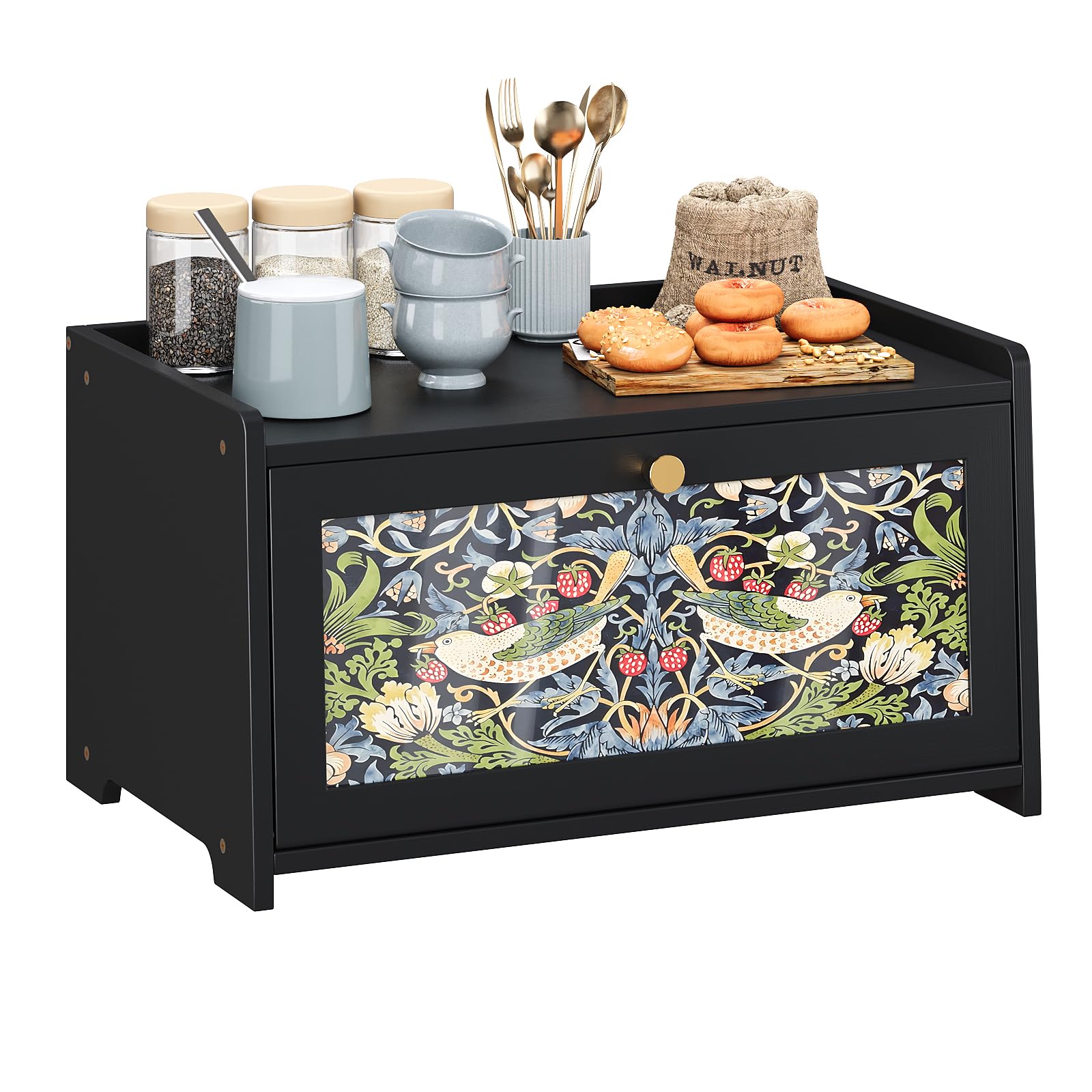 Photo 1 of Trironsun Bread Box for Kitchen Counter Black Bread Storage Container with Acrylic Door William Morris Flower Bird Design Farmhouse Breadbox Organizer (Black)
