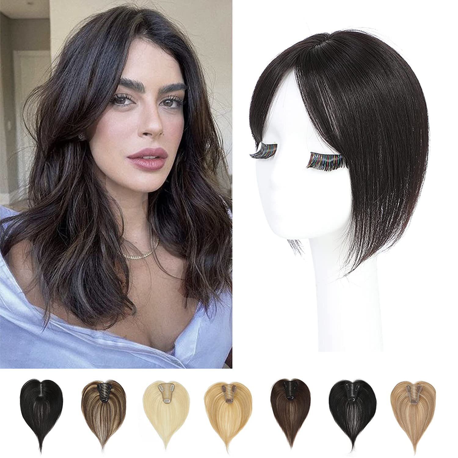 Lasunork Hair Toppers for Thinning Hair Women Real Hair Pieces for Women Human Hair Topper Adding Extra Hair Volume Swiss Base Clip in Hair Extensions 10inch (Natural Black) — image 1