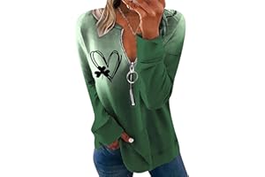 YMING Womens St. Patricks Day Half Zip Shirt Clover Print Long Sleeve Sweatshirt Irish Shamrock Print Pullover Tops Plus Size