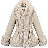 GRAN ORIENTE Suede Jacket for Women with Faux Fur Collar,Long Sleeve Warm Winter Parka Coat with Belt Outerwear