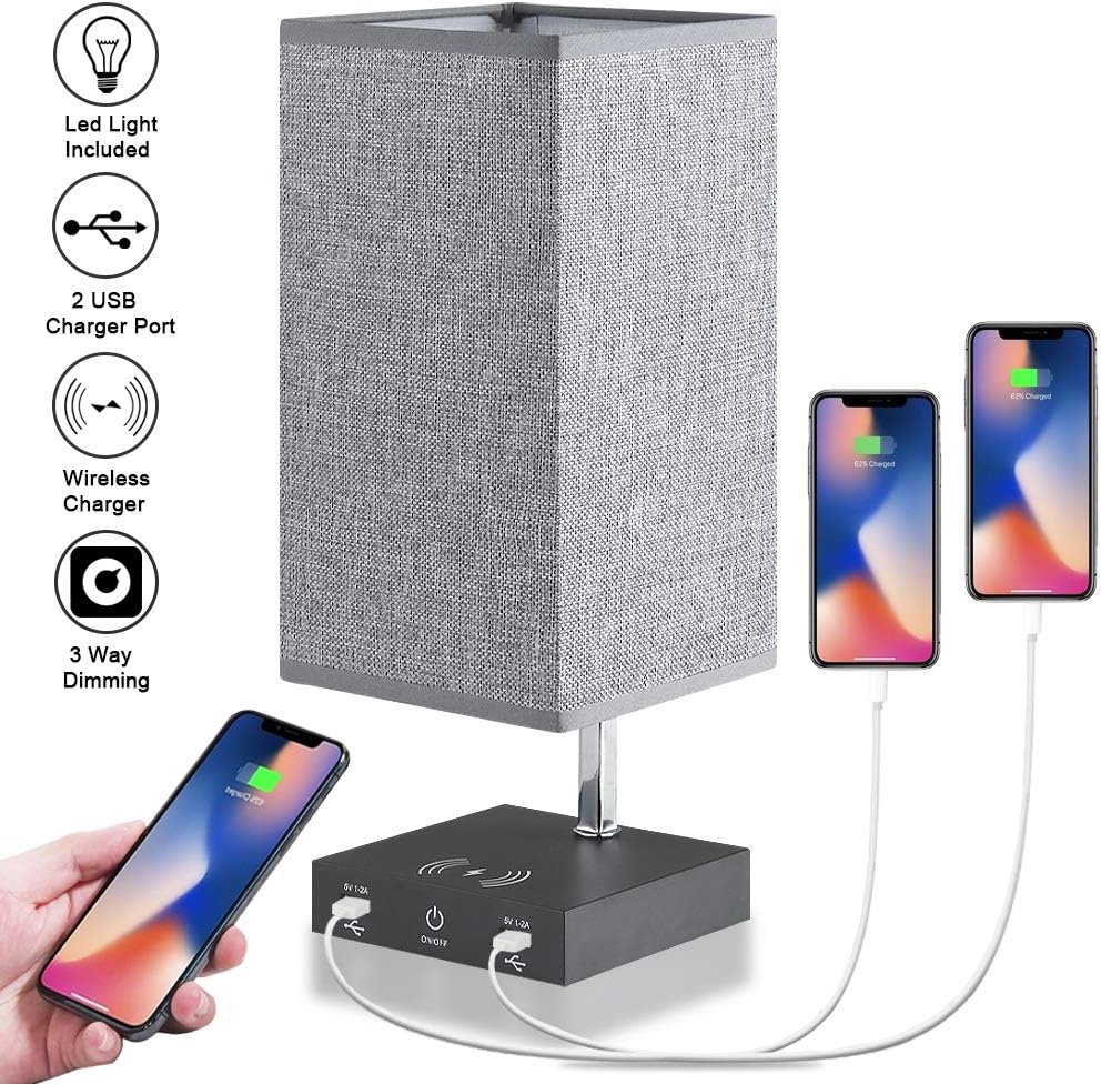 LED Table Lamp Wireless Charger 3 Way Dimmable Desk Lamps with 2 USB Charging Ports, Gray Fabric Shade Modern Nightlight for Bedroom Living Room,LED Light Included - Grey