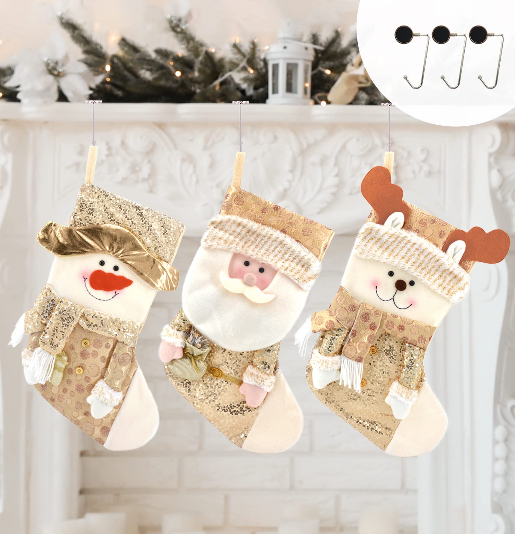 Fassory Christmas Stocking Set of 3 with Anti-Slip Hooks Hangers, Xmas Sock Gift Bag Candy Pouch Bag, Large Christmas Tree Ornament, 3D Santa Snowman Reindeer Fireplace Hanging Decors (Gold & Cream)