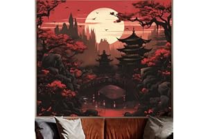 Avinyl Black Red Japanese Anime Tapestry for Bedroom Aesthetic, Sunset Forest Wall Art Decor Tapestries Wall Hanging, Dark Nature Landscape Mountain Backdrop for Living Room Girls Boys Dorm Office
