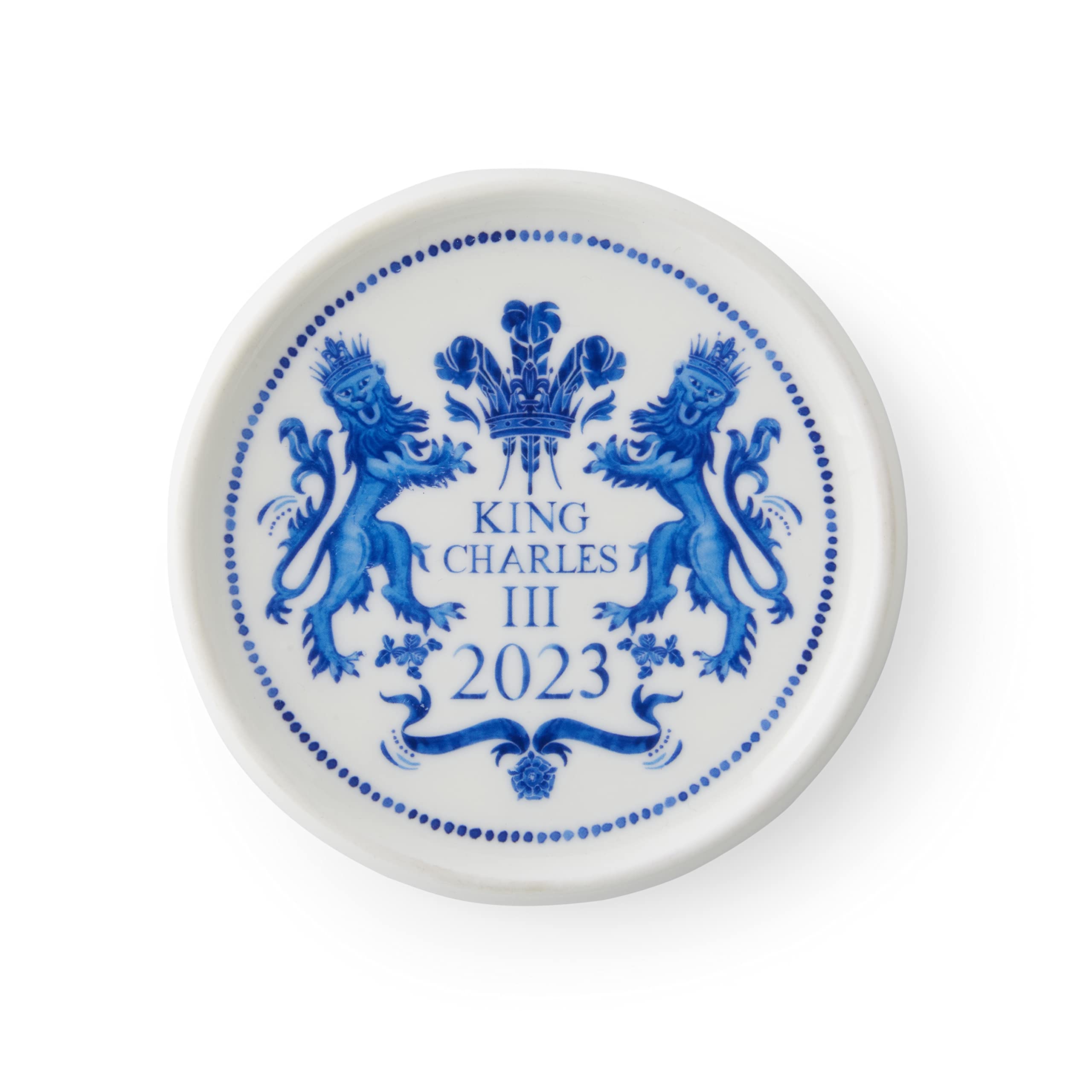 Spode King Charles III Coronation single round 10cm Coaster, Blue & White Pattern UK made