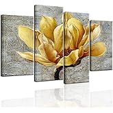 Biuteawal - 4 Panel Floral Wall Art Elegant Yellow Flower on Abstract Background Painting Canvas Print Still Life Artwork for Modern Home Kitchen Living Room Bedroom Wall Decoration Easy Hanging