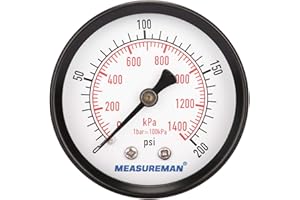 MEASUREMAN Economic Dry Pressure Gauge Air Compressor Pressure Gauge, 2" Dial Size, 1/4" NPT Center Back Mount, 0-200psi/0-14
