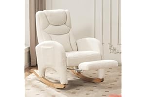 FOXHUNTER Rocking Chair Nursery, Modern Glider Chair with Adjustable Footrest and Solid Wood Legs, High Backrest Nursery Chair with Side Pocket, Rocker Armchair for Living Room Bedroom, Teddy Ivory