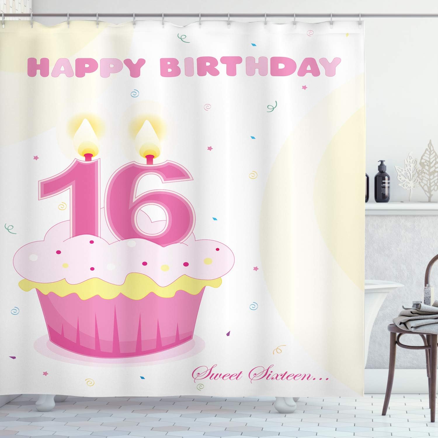 Amazon Com Ambesonne 16th Birthday Decorations Shower Curtain Cupcake Candle Teen Girls Style Sweet Surprise Illustration Fabric Bathroom Decor Set With Hooks 70 Inches Fuchsia Yellow Home Kitchen