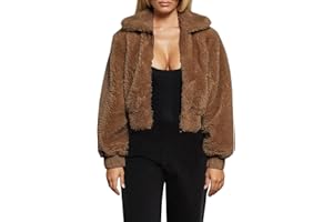 FANCYINN Womens Teddy Cropped Faux Fur Jacket Furry Lapel Coat Zip Up with Pockets Warm Winter