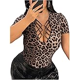 SOLY HUX Women's Plus Size Leopard Print T Shirts Criss Cross Hollow Out Fitted Tee Tops Party Clubwear