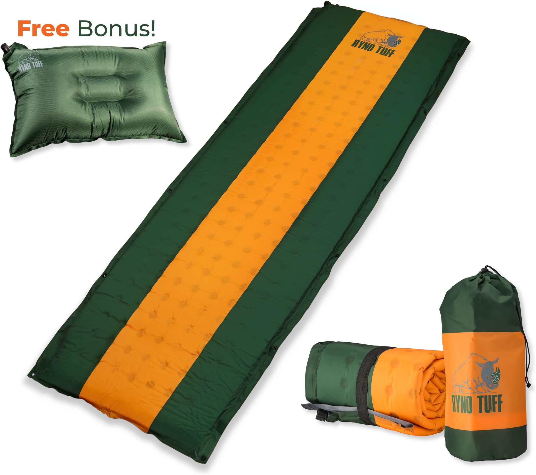 Ryno Tuff Sleeping Pad Set, Self Inflating Sleeping Pad with Free Bonus Camping Pillow, The Foam Camping Mattress is Large, Comfortable and Well Insulated, Yet Compact When Folded
