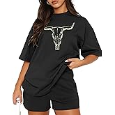 SANIXJOO Western Outfit for Women Boho Cow Skull Graphic Tees Country Concert Short Sleeve Outfits
