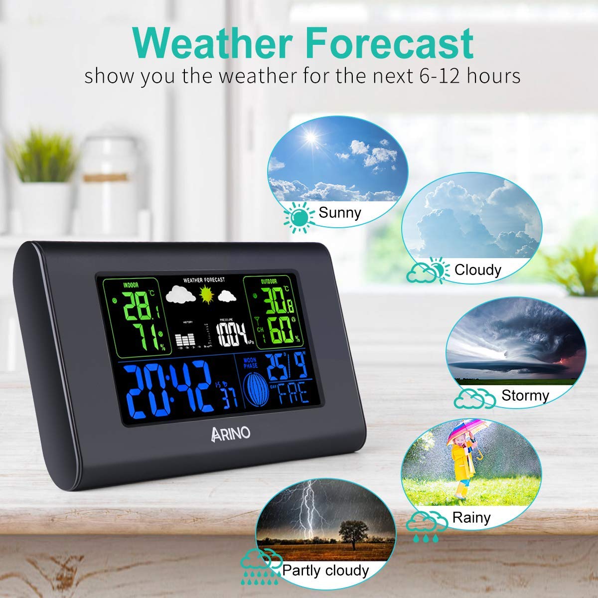 ARINO Stazione Meteo con Sensore Esterno Wireless Stazione Meteorologica Professionale da Casa con Sveglia Digitale Allarme per Casa, Ufficio Colore Nero