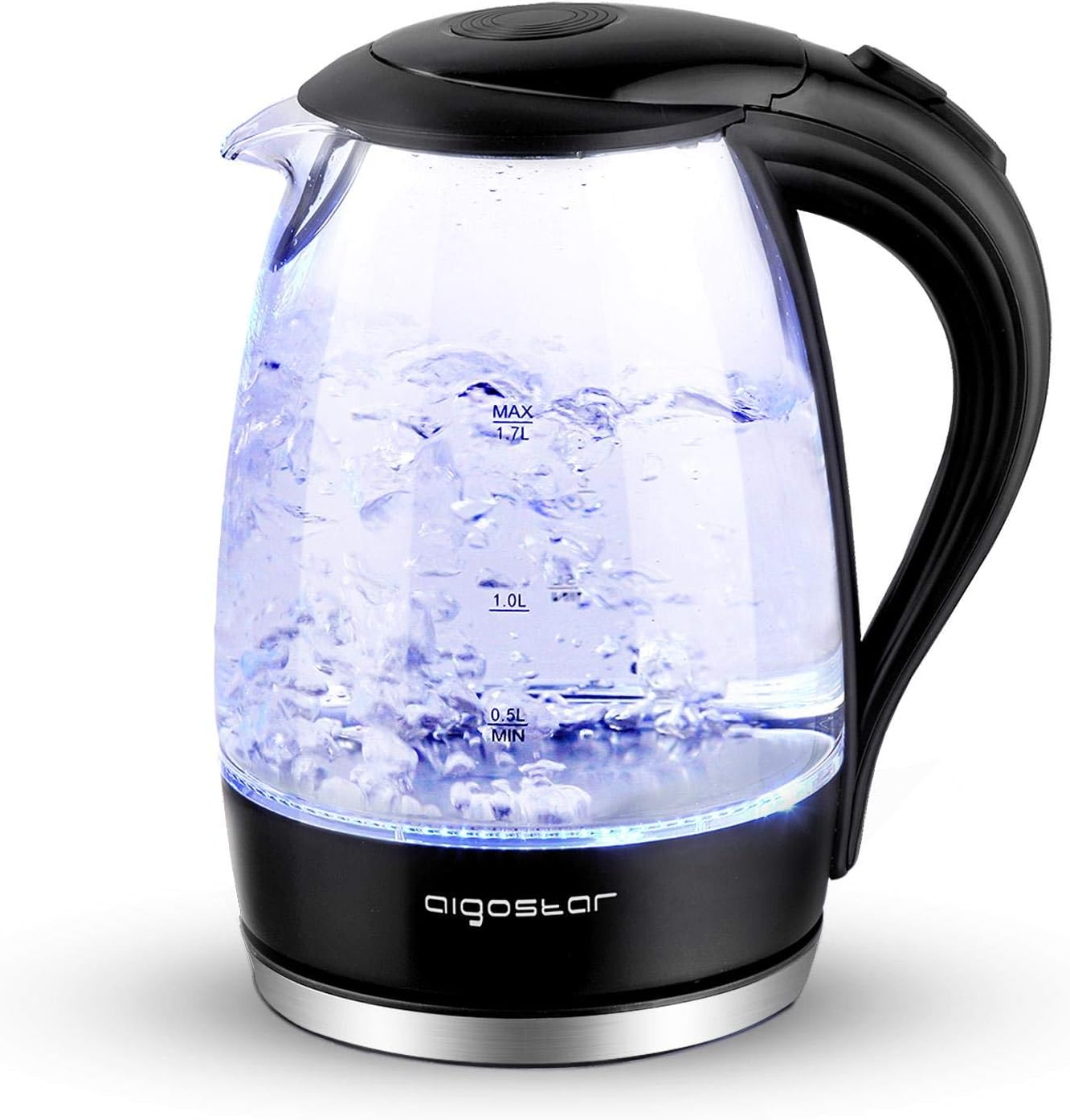 Aigostar Adam 30KHH - Glass Water Kettle with LED Lighting, 2200 Watts, 1.7 Liter, Boil-Dry Protection, BPA Free, Black.