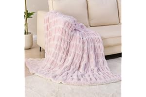 Softan Warm Fuzzy Faux Fur Blanket, Soft Striped Fleece Throw Blanket for Couch Sofa Bed Living Room, Light Pink Fall Furry B