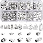 PandaHall 100pcs Cord Ends Caps, 10 Styles Tibetan Alloy Leather Cap Glue in Barrel End Caps Antique Silver Tube Crimp Beads End Caps Thread Ends for Kumihimo Jewelry Making Bracelet Necklace 4~10mm