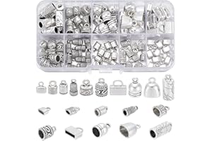 PH PANDAHALL PandaHall 100pcs Cord Ends Caps, 10 Styles Tibetan Alloy Leather Cap Glue in Barrel End Caps Antique Silver Tube Crimp Beads End Caps Thread Ends for Kumihimo Jewelry Making Bracelet Necklace 4~10mm