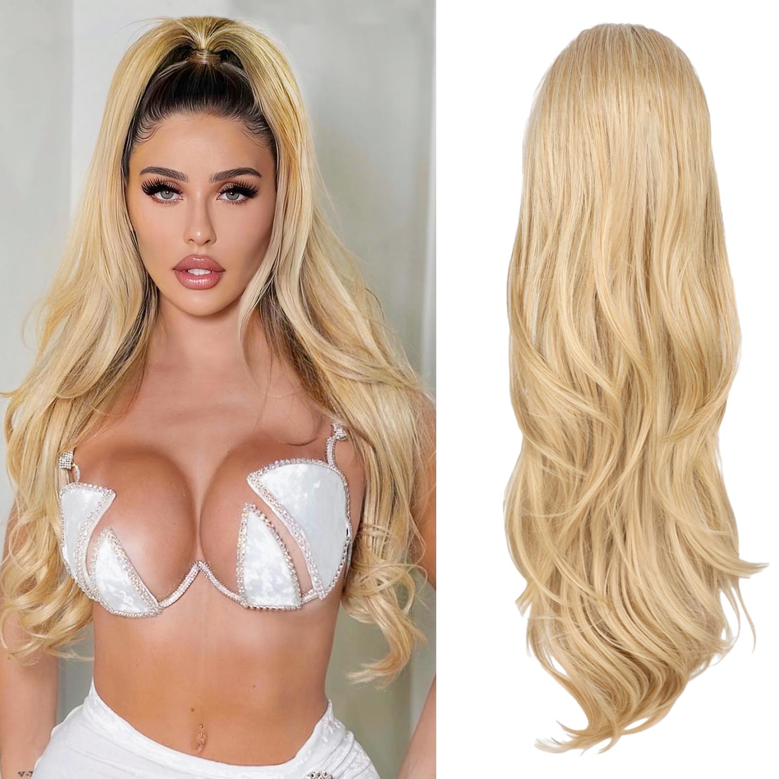 Photo 1 of CHRSHN Blonde Ponytail Extension, 26 Inch Drawstring Ponytail Extension for Women Long Blonde Wavy Layered Pony Tails Hair Extensions Synthetic Clip in Ponytail Hairpiece for Women(27/613)