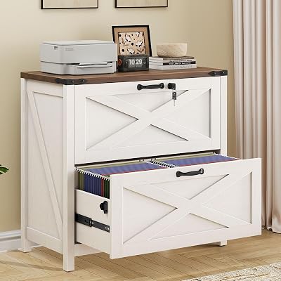 Lateral File Cabinet with 2 Large Drawers, Farmhouse File Cabinet with Lock for Letter/Legal/A4 Size Hanging Files, Wood File Storage Cabinets Printer Stand for Home Office Cabinets, White and Brown