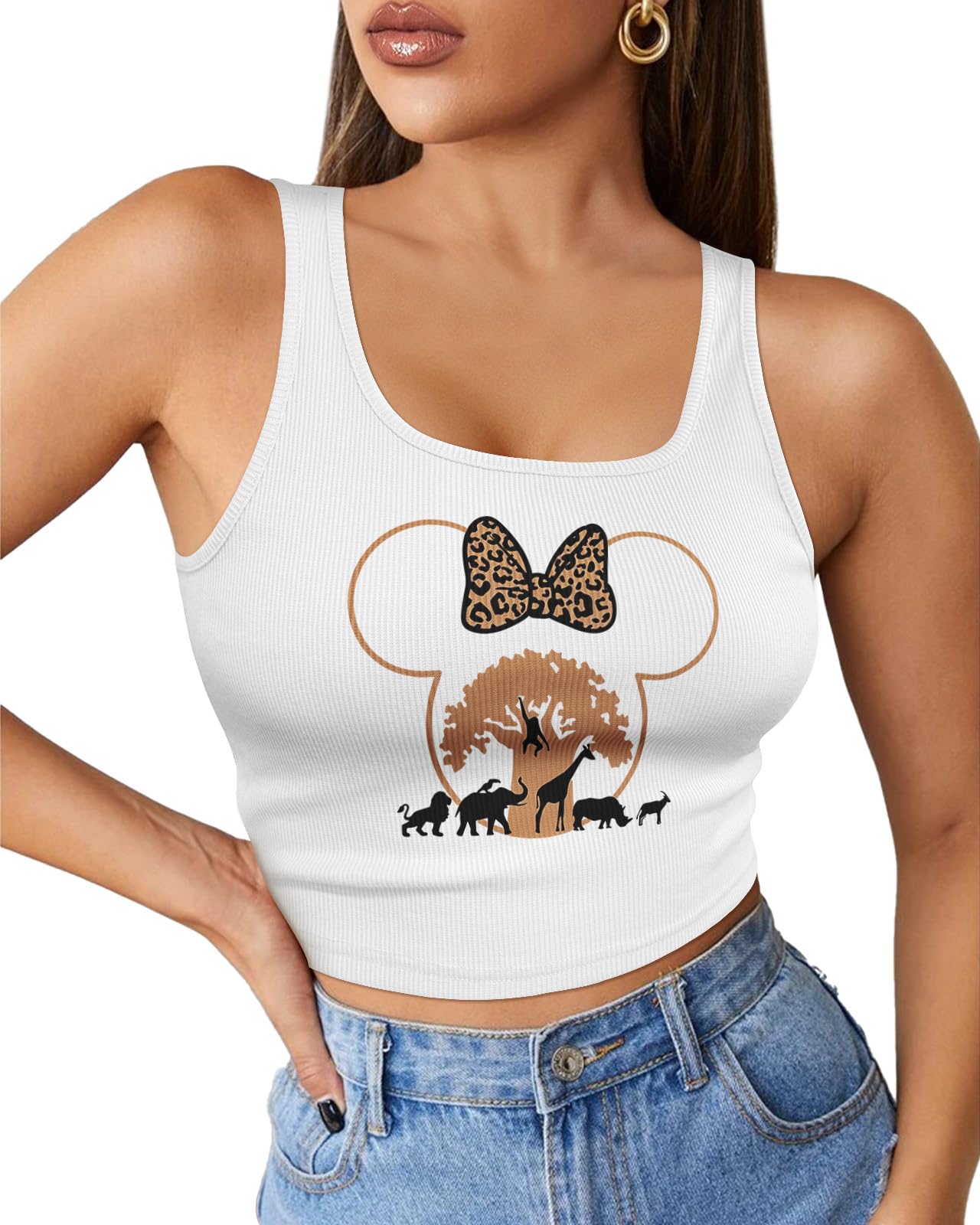 Photo 1 of Flafens Crop Tops for Women Summer Tank Tops - Cute Ribbed Knit U Neck Graphic Sleeveless T Shirts Workout Yoga Gym Short Tanktops Leopard Minn Teen Girls for Going Out Daily, Medium