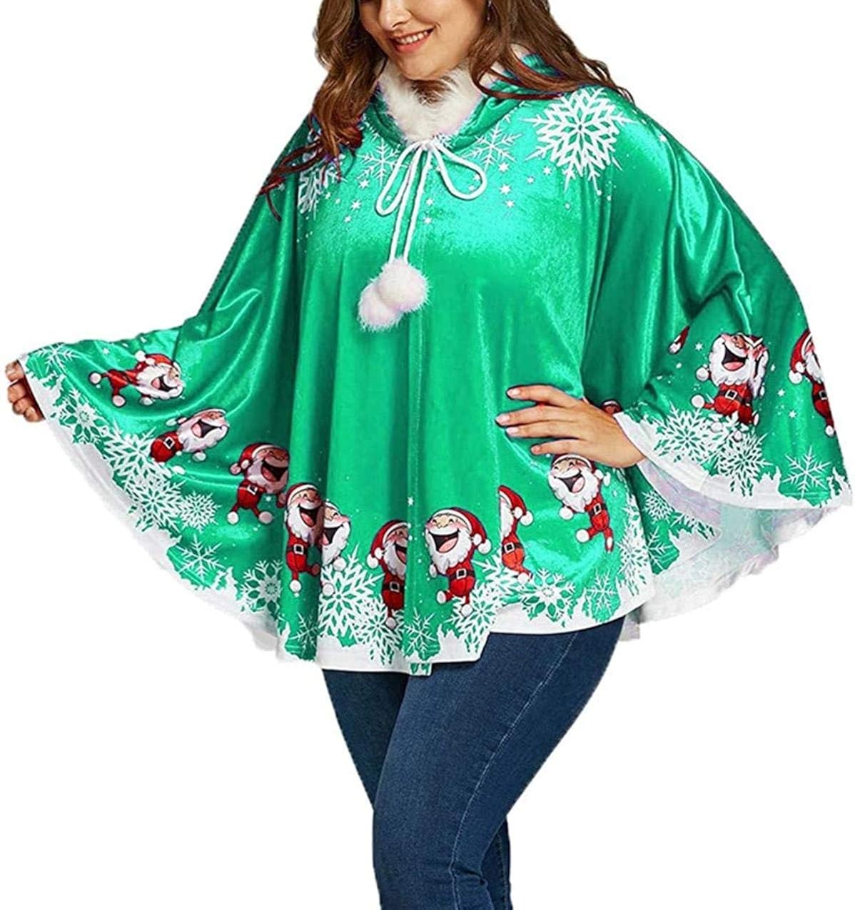 Women Merry Christmas Hoodie Shawl Wrap Open Front Poncho Cape Cashmere