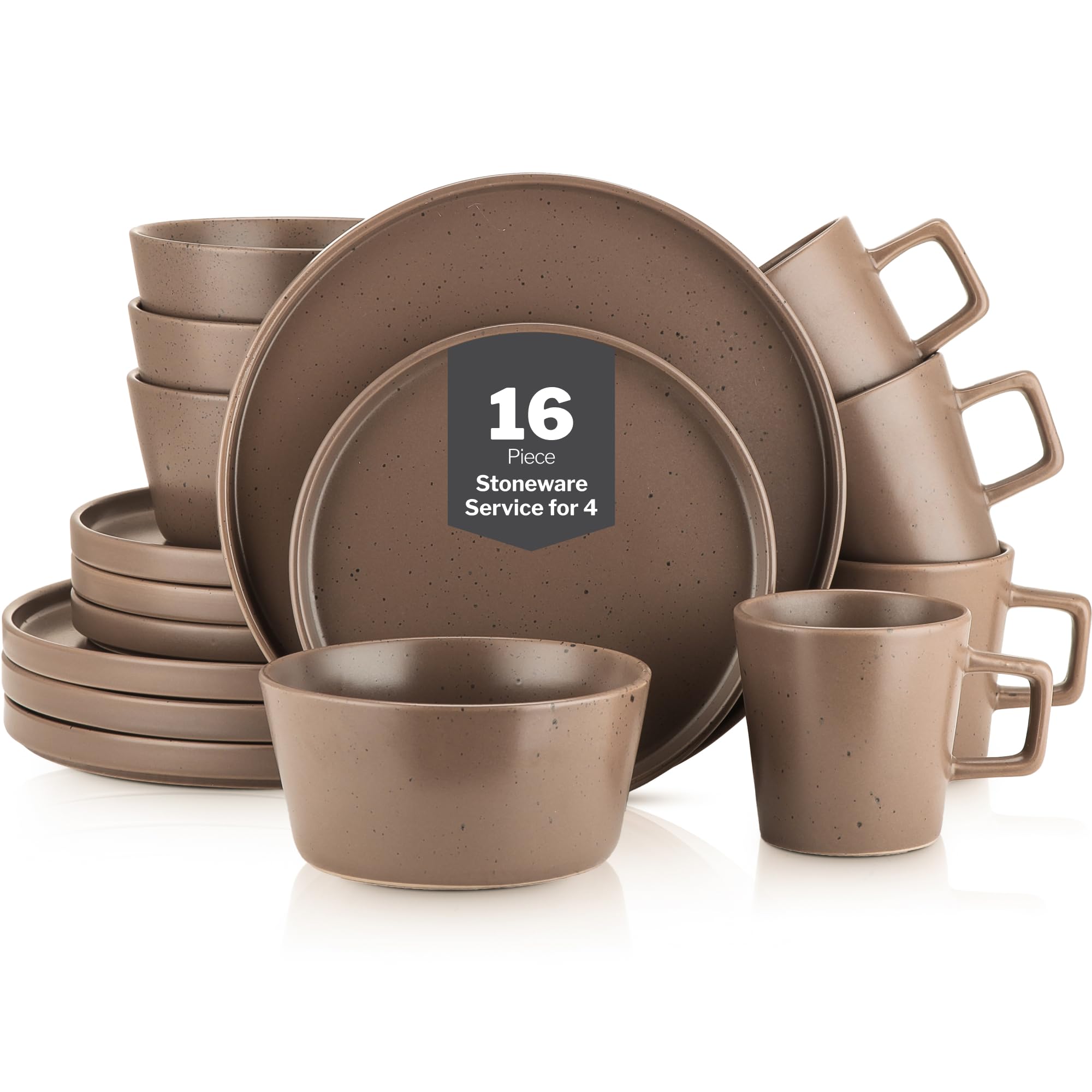 Stone Lain Celina Stoneware 16-Piece Modern Dinnerware Set, Plates and Bowls, Matte Brown, Service For 4, Microwave & Dishwasher Safe Image