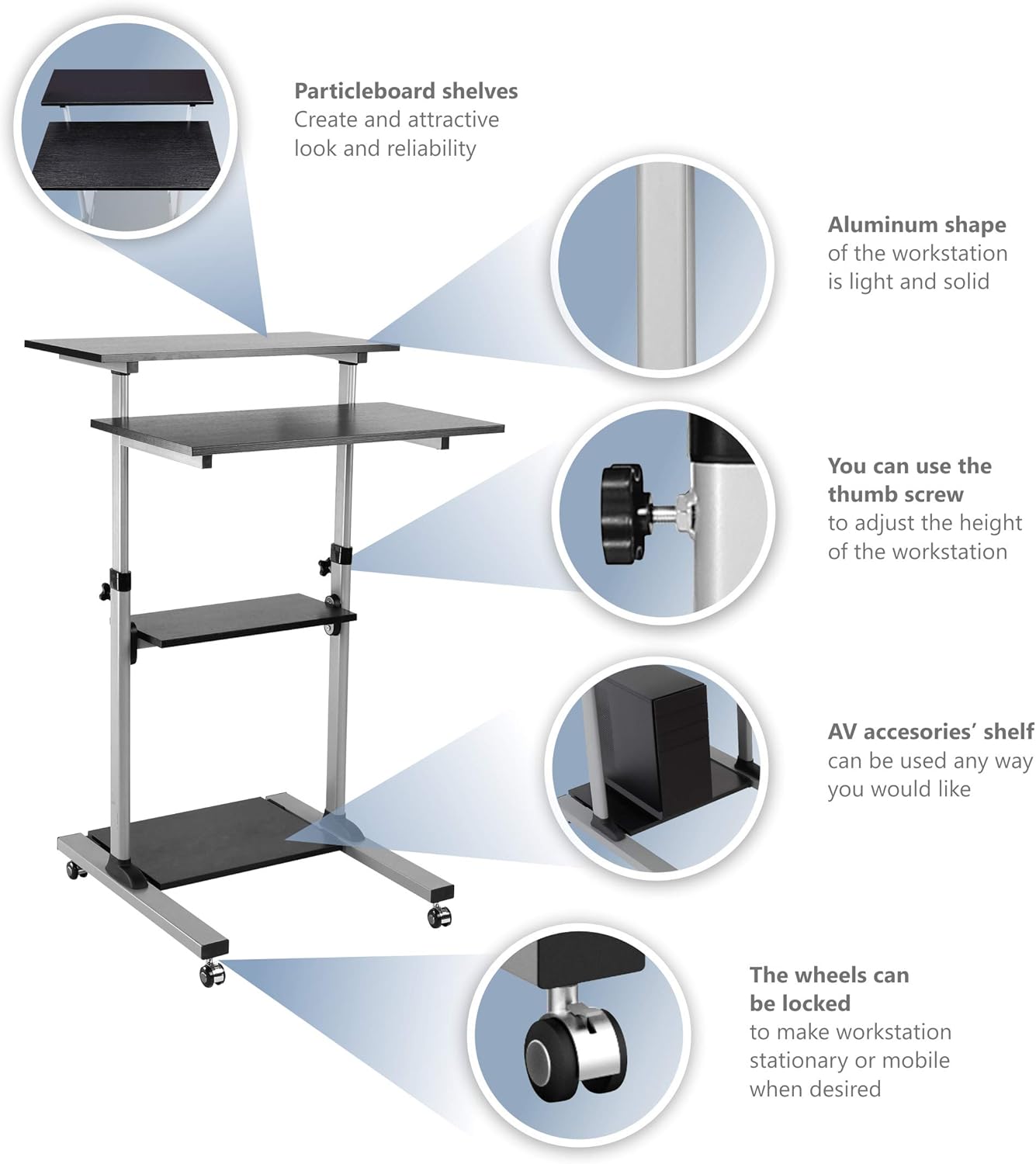 ONKRON Mobile Stand Up Desk Height Adjustable Computer Workstation Rolling Presentation Cart W1R