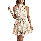 Floerns Women's Floral Ruffle Hem A Line Dress Halter Sleeveless Belted Short Dresses