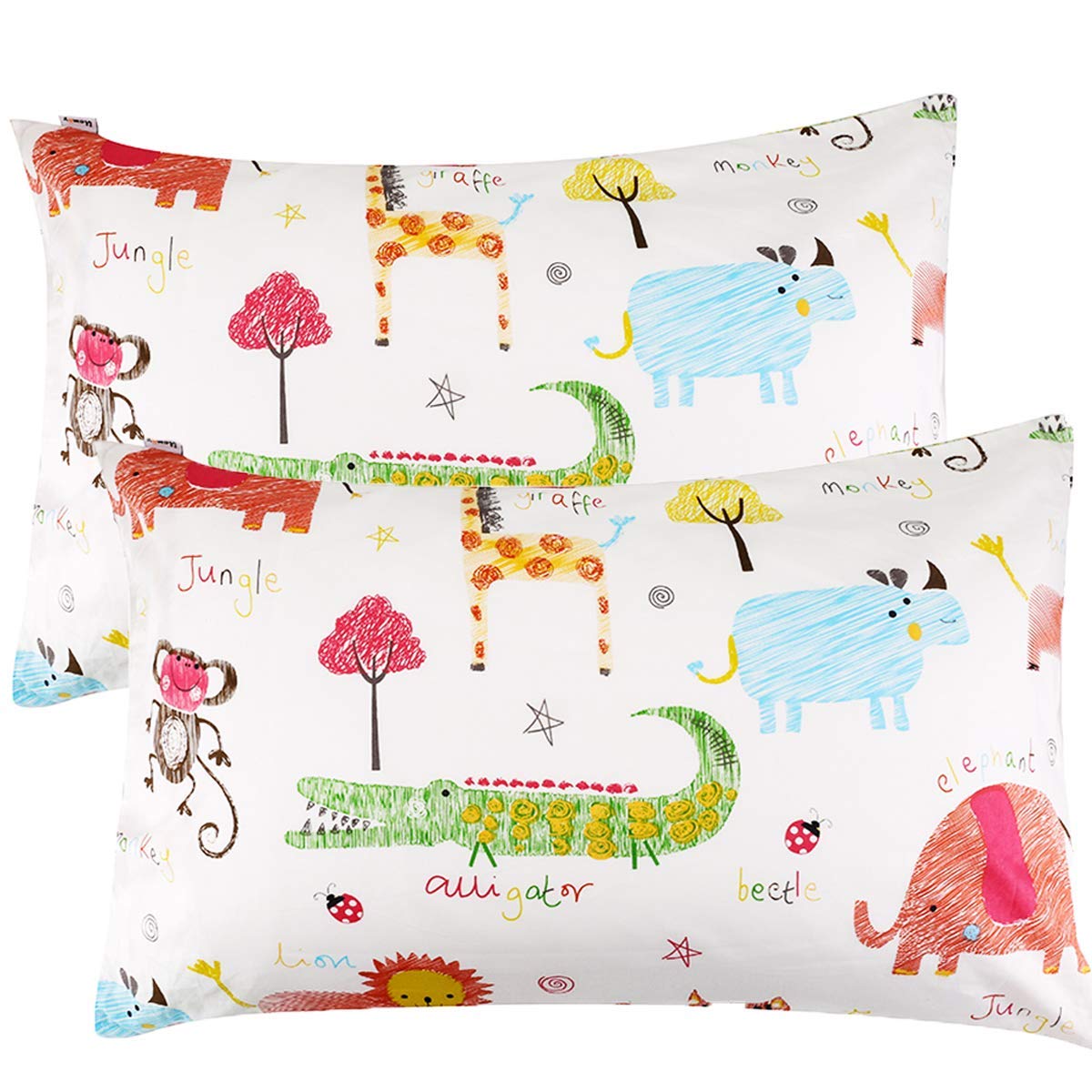 JISEN Kid Toddler Pillowcases 2 Pack 100% Natural Cotton Tiny Pillow Cover Cases for Sleeping with Envelope Closure 33x46cm Zoo — image 1