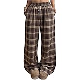 SOLY HUX Women's Plaid Baggy Pants Elastic Waist Wide Leg Pants Casual Long Trousers with Pockets