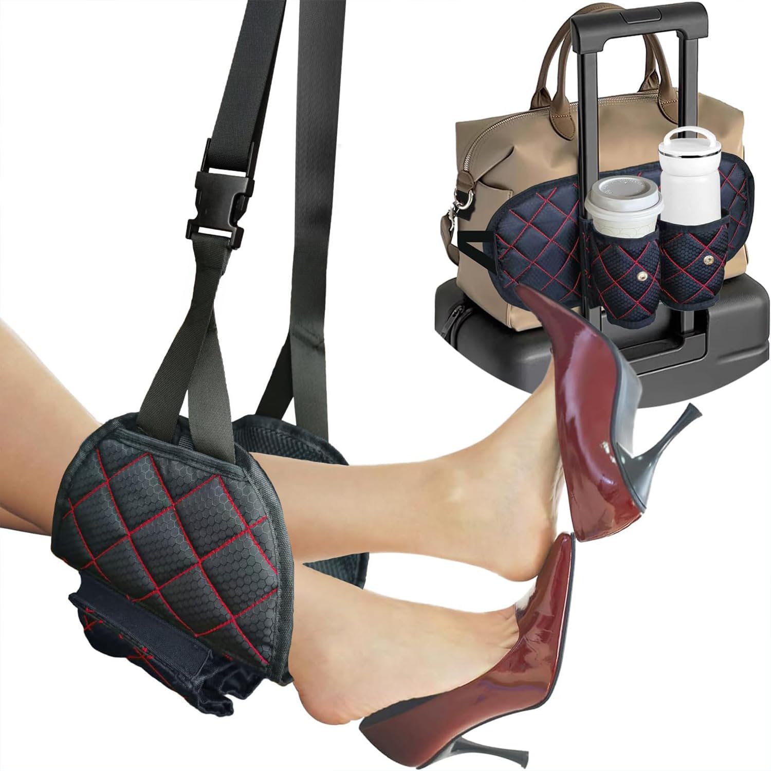 Photo 1 of 3 in 1 Airplane Footrest Foot Hammock with Luggage Cup Holder & Suitcase Strap to Relax Your Feet and Free Hands, Travel Essentials, Black