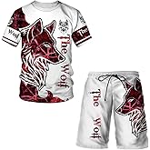 prigridche Wolf & Lion 3D Printed Casual Short Sleeve Crew Neck Suit for Men 2 Piece Shorts Tracksuit