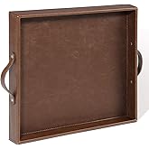 Ranslen Square Leather Serving Tray with Handles, 15"x15" Decorative Table Tray for Home, Ottoman, Coffee Table, Brown